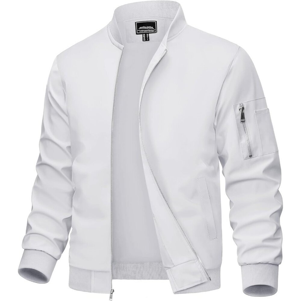 🆕 Men White Bomber Jacket Lightweight Casual Windbreaker Full Zip Spring Coat